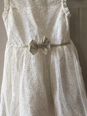 Girls' Ivory Sequin Tulle Party Dress with Gold Bow